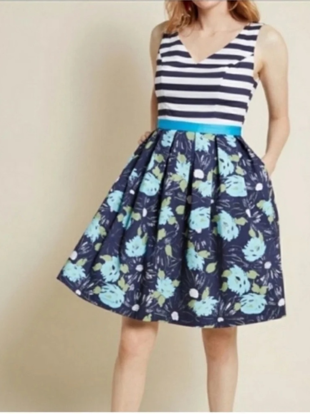 ModCloth Midi Dress Striped Navy Bodice Turquoise Floral Fit & Flare Skirt